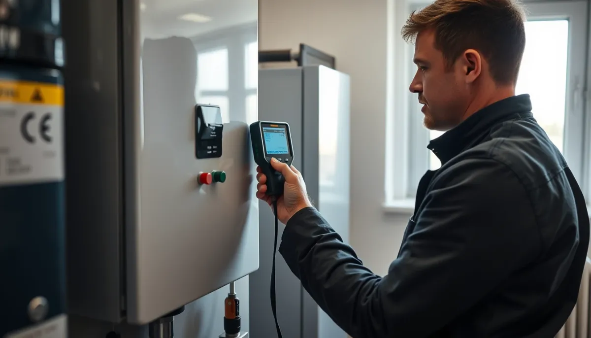 Chauffagiste qualifié effectuant un réglage du rapport air/gaz avec un analyseur de combustion