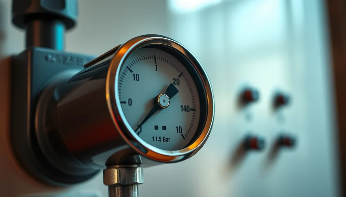 Manomètre de chaudière indiquant une pression d'eau entre 1 et 1,5 bar