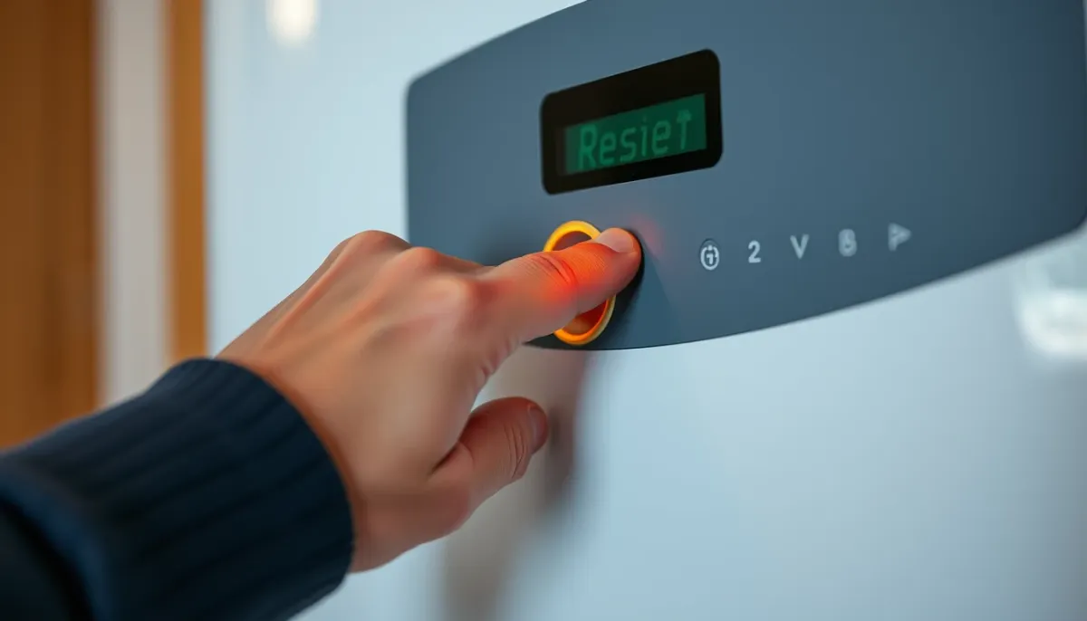 Main appuyant sur le bouton de réarmement d'une chaudière De Dietrich