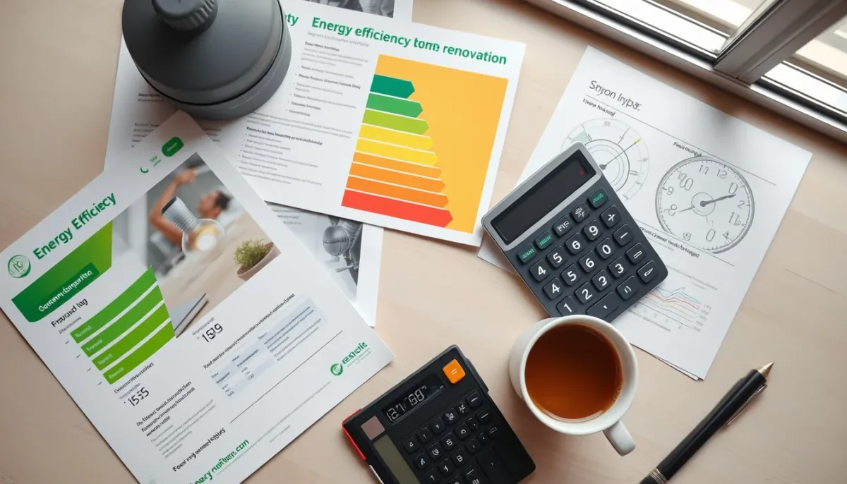 Bureau avec documents sur les aides à la rénovation énergétique et calculatrice