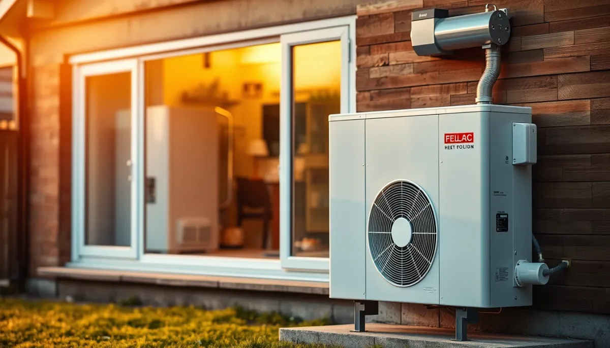 Pompe à chaleur installée à l'extérieur d'une maison, avec une chaudière gaz visible en arrière-plan