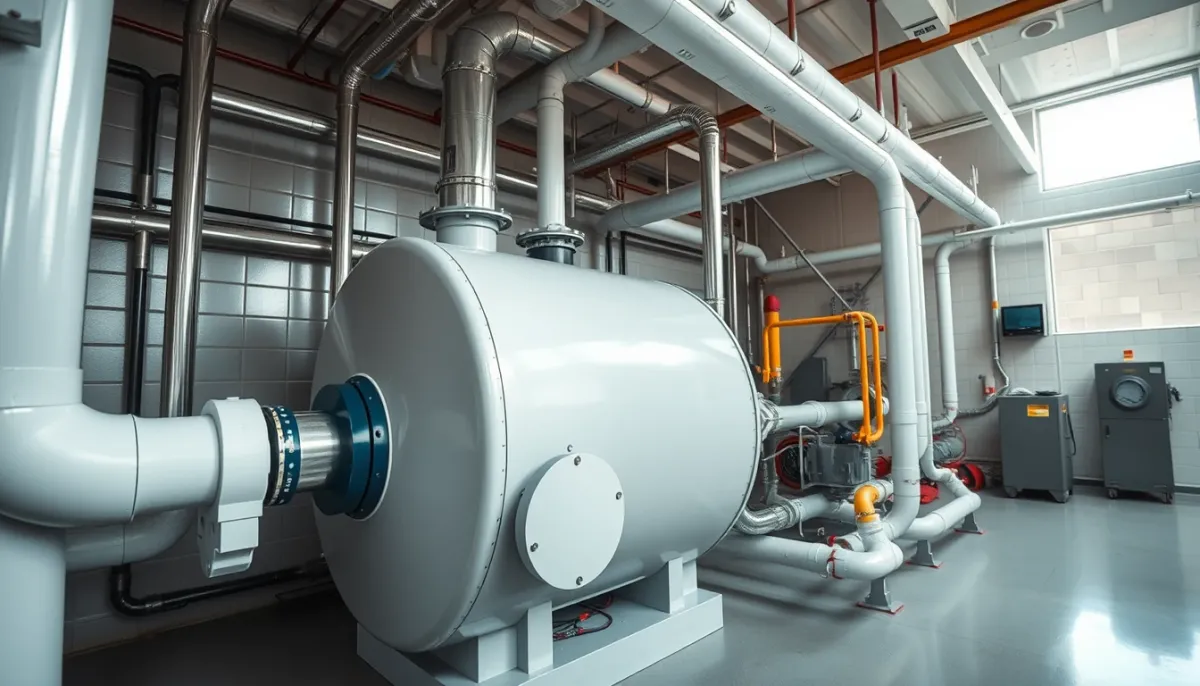 Vase d'expansion neuf et tuyauterie propre dans un local de chauffage entretenu
