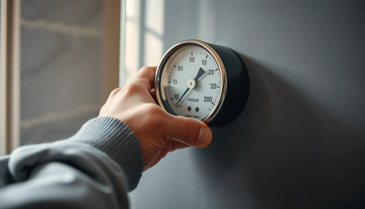 Mains d'un particulier vérifiant le manomètre de pression d'une chaudière murale