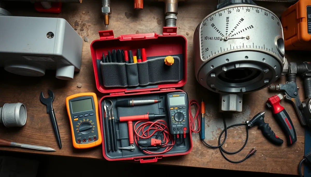 Outils de chauffagiste et multimètre numérique disposés sur un établi près de pièces de chaudière