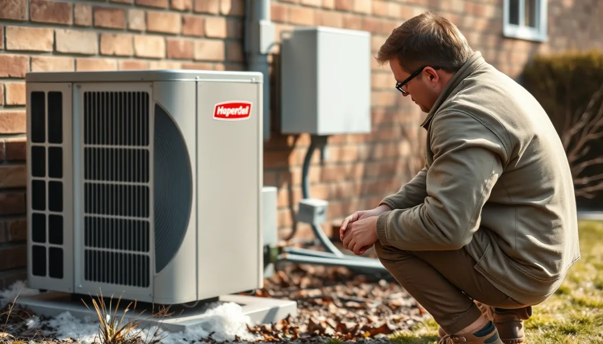 Propriétaire vérifiant les abords d'une pompe à chaleur air/eau