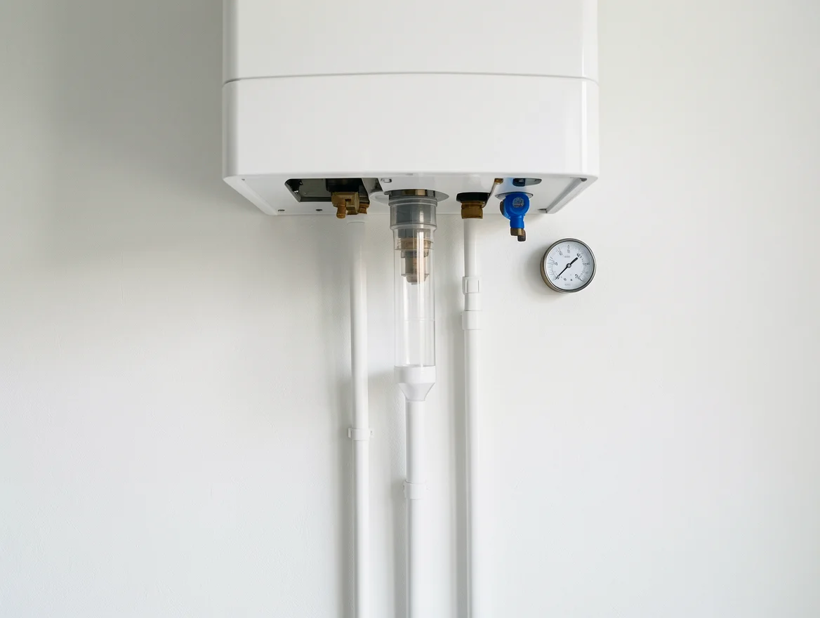 Dessous d'une chaudière à condensation : siphon des condensats, manomètre et robinet de remplissage