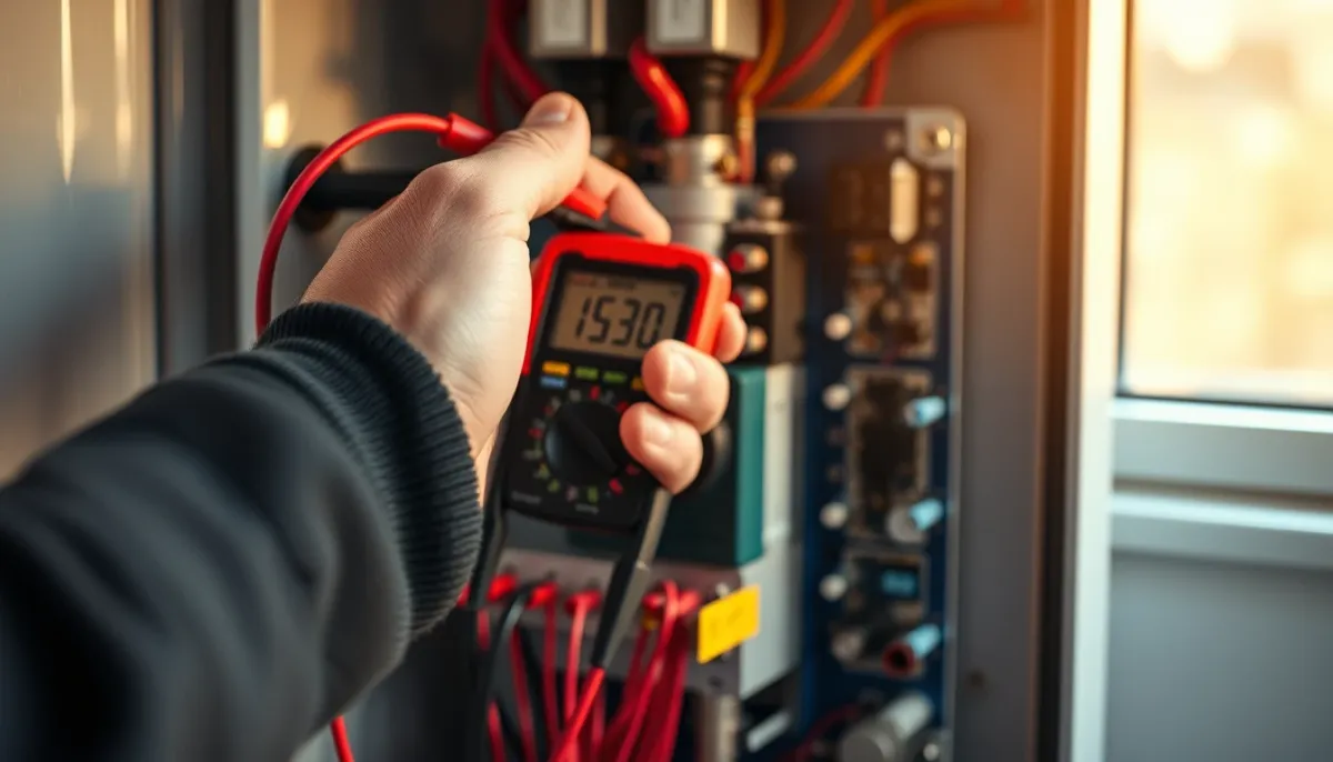 Technicien testant la carte électronique d'une chaudière gaz avec un multimètre
