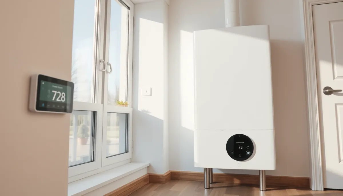 Chaudière à condensation moderne et thermostat intelligent dans une maison contemporaine