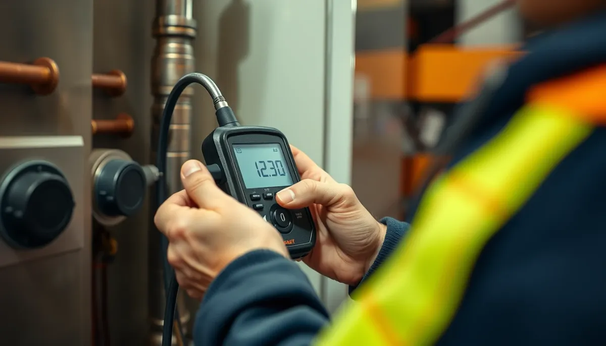 Technicien chauffagiste réalisant une analyse de combustion sur une chaudière gaz avec un analyseur de fumées