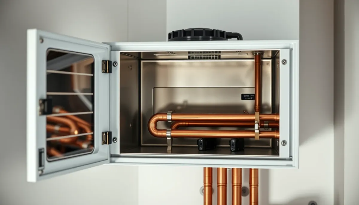 Gros plan sur l'échangeur en cuivre d'une chaudière à condensation De Dietrich