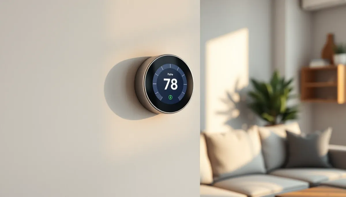 Thermostat connecté installé sur un mur dans un salon chaleureux