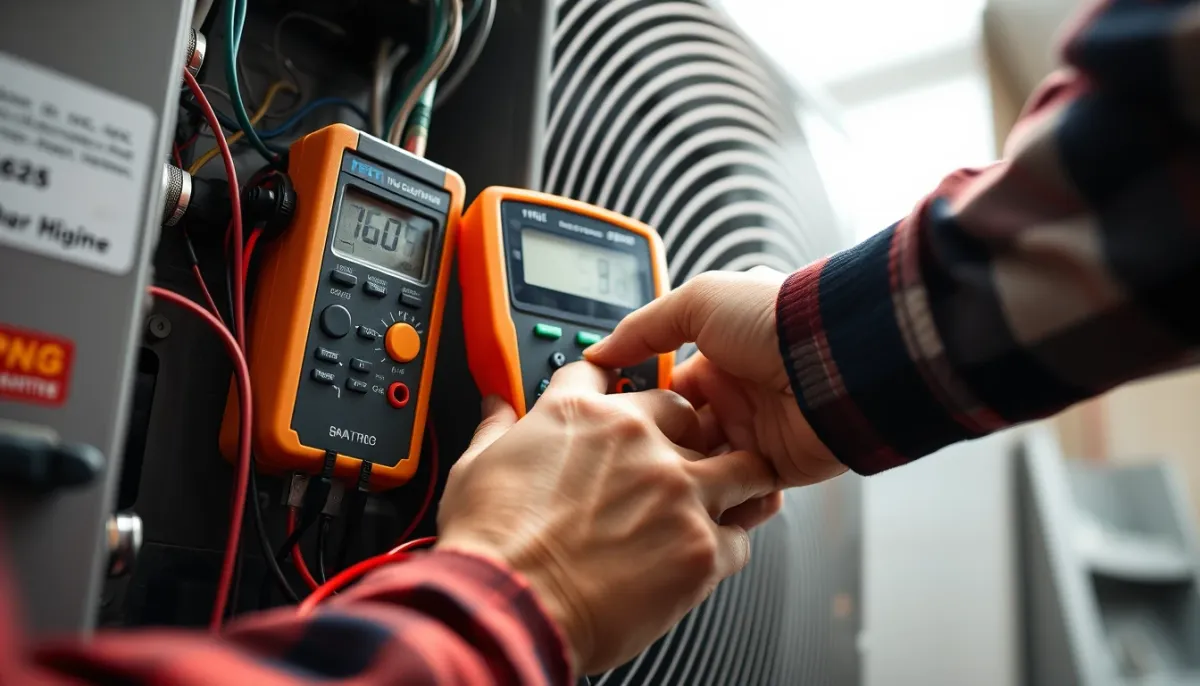 Technicien vérifiant le tableau électrique d'une pompe à chaleur avec un multimètre