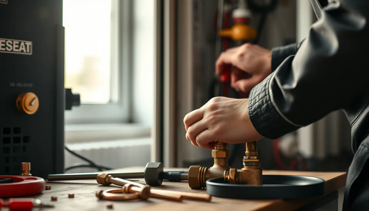 Technicien chauffagiste effectuant la maintenance d'une chaudière gaz, gros plan sur les mains et les outils