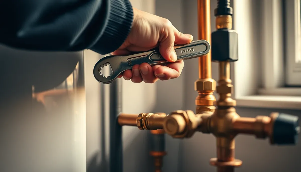 Mains d'un chauffagiste ajustant les raccordements d'une chaudière gaz