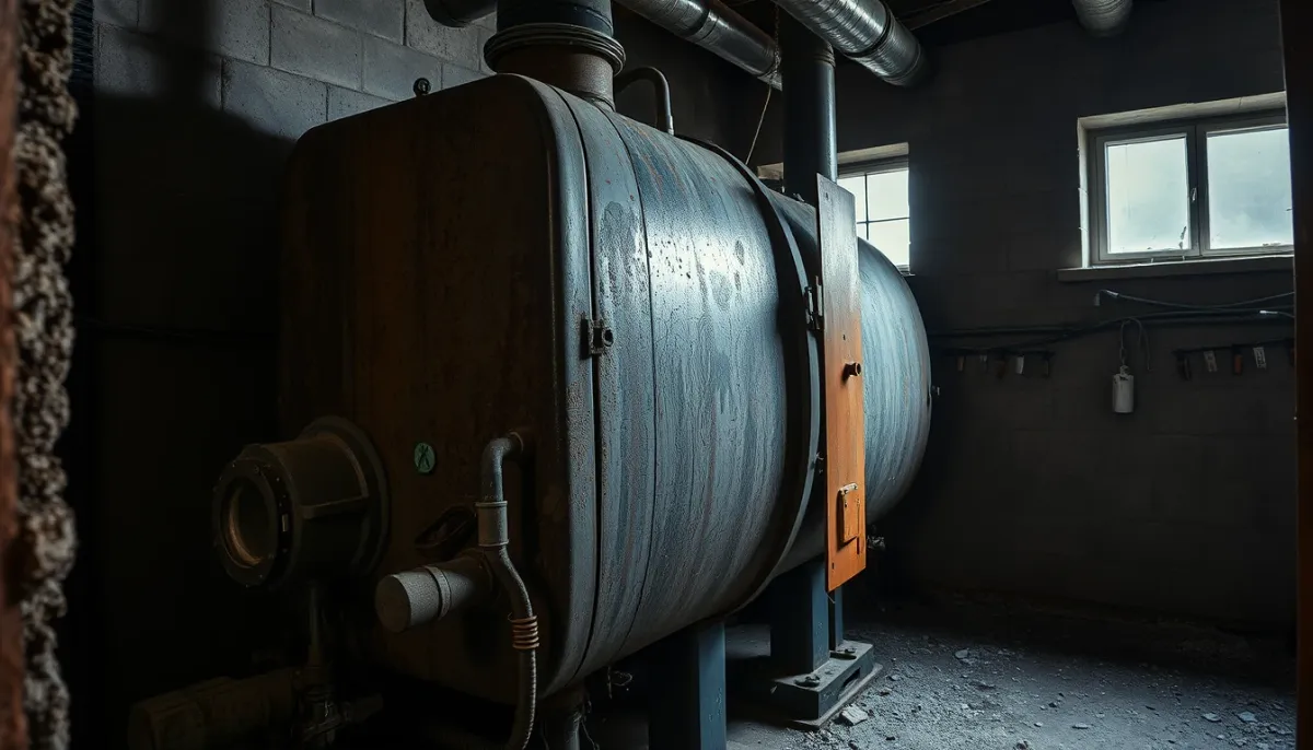 Ancienne chaudière gaz rouillée en cours de dépose dans une cave