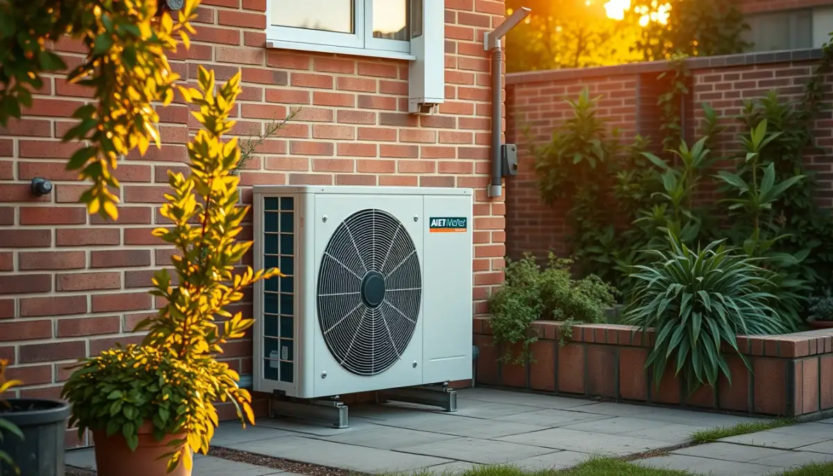 Pompe à chaleur air/eau installée à l'extérieur d'une maison en briques