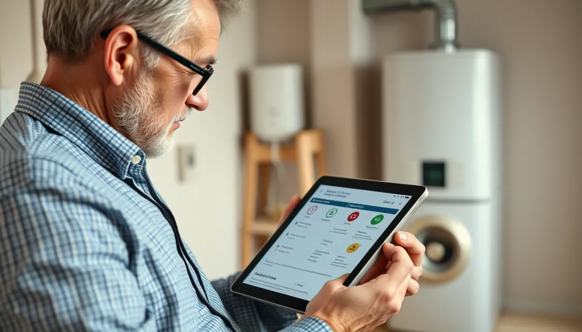 Propriétaire comparant les options de chauffage sur une tablette devant une chaudière fioul