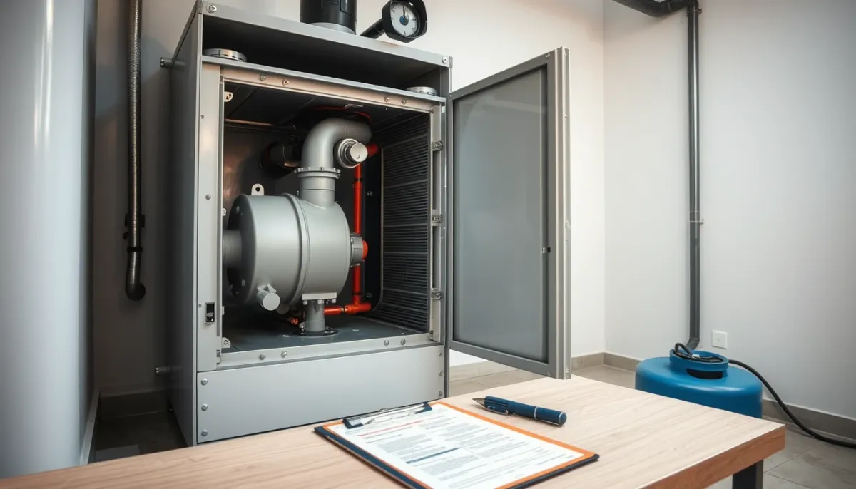 Chaudière à condensation ouverte montrant l'échangeur thermique et le vase d'expansion pour grosses réparations