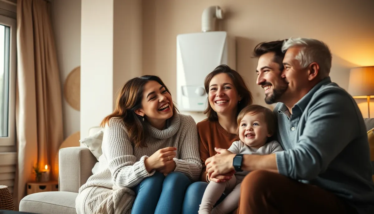 Famille dans un salon chaleureux avec une chaudière murale De Dietrich en arrière-plan