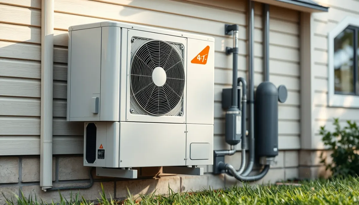 Unité extérieure d'une pompe à chaleur air/eau haute température installée contre un mur de maison