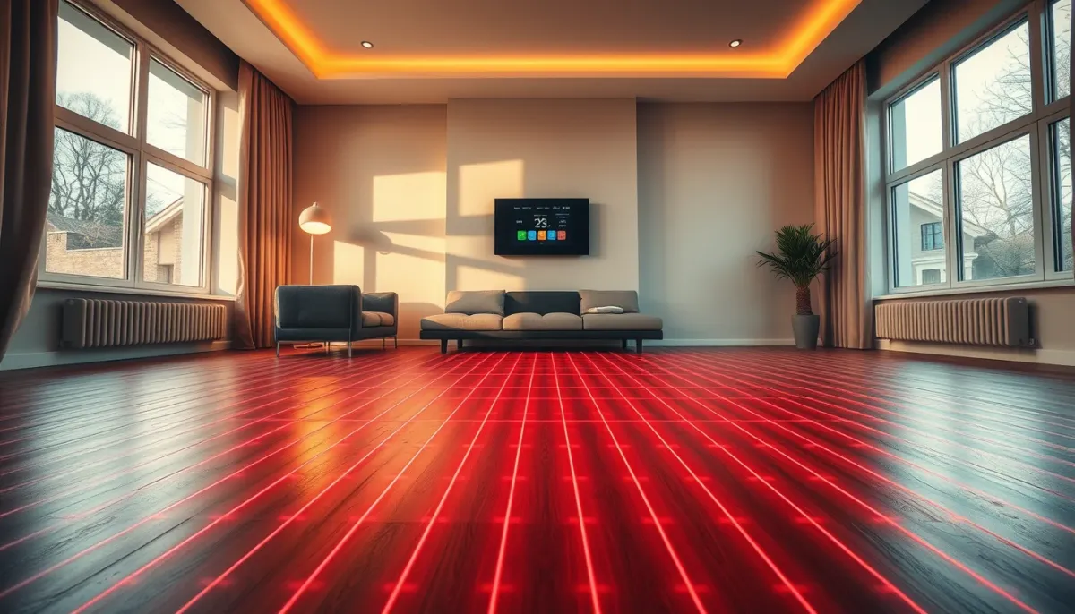 Salon moderne avec chauffage au sol et thermostat mural, illustrant le confort d'une pompe à chaleur