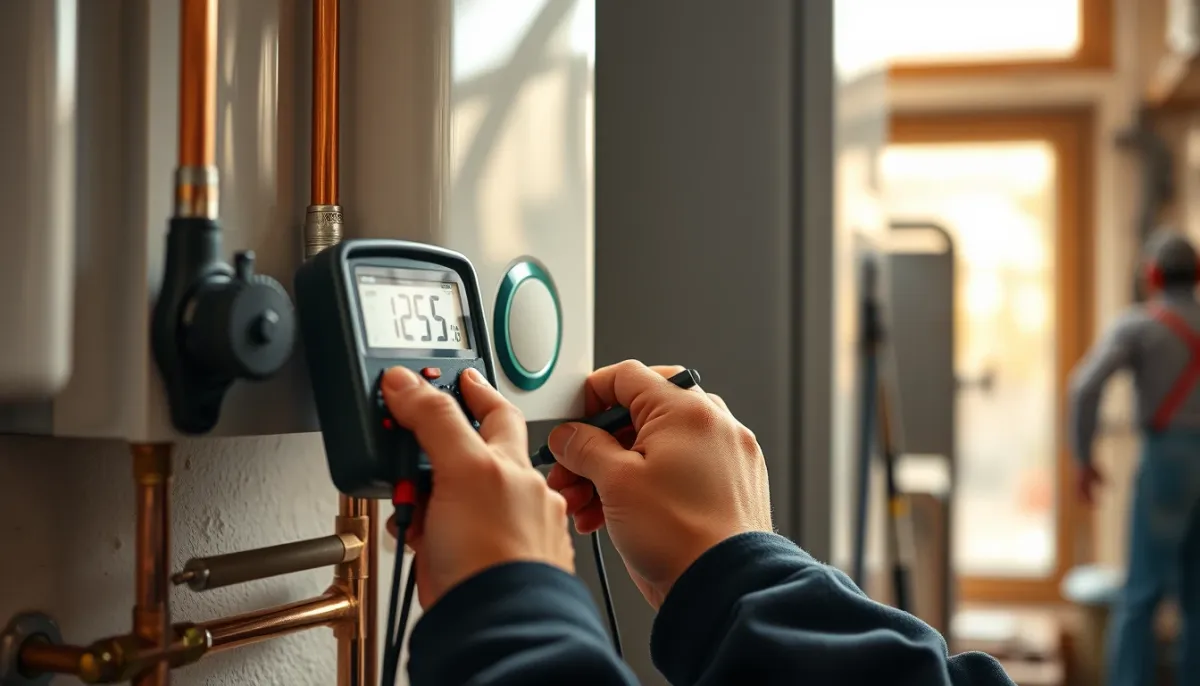 Mains d'un technicien vérifiant les raccords d'une chaudière murale à condensation avec un multimètre