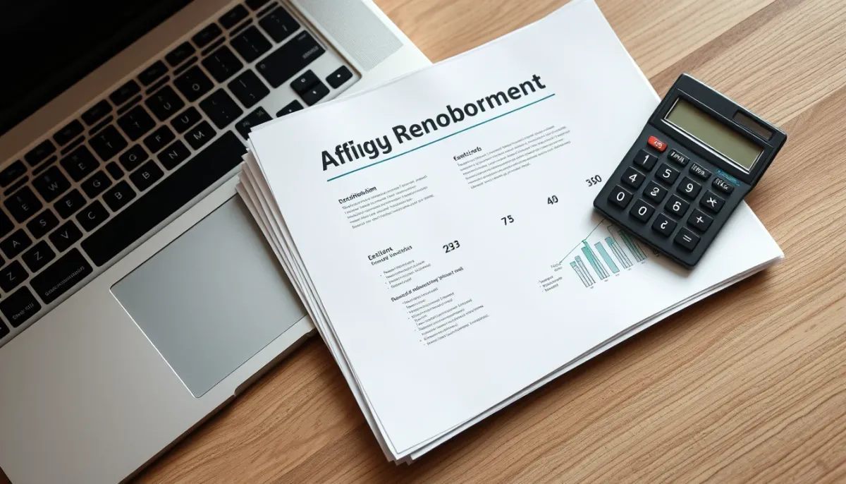 Documents de rénovation énergétique et calculatrice sur un bureau en bois, vus de dessus