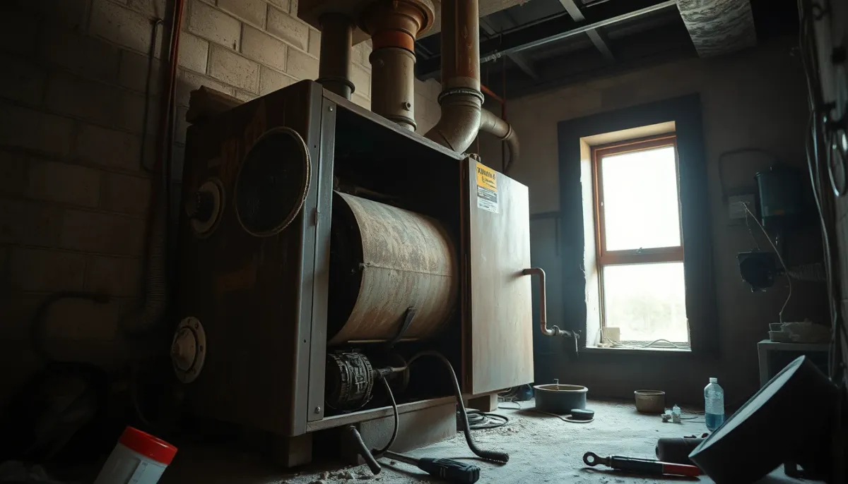 Ancienne chaudière gaz rouillée en cours de démontage dans un sous-sol sombre