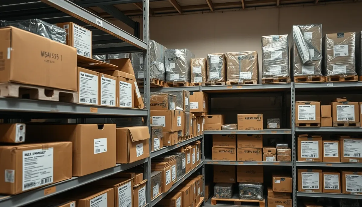 Rayonnage de distributeur professionnel avec des pièces détachées de chaudières De Dietrich conditionnées en stock