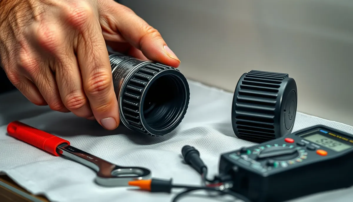 Gros plan sur le contrôle du gicleur et du filtre fioul d'une chaudière par un chauffagiste