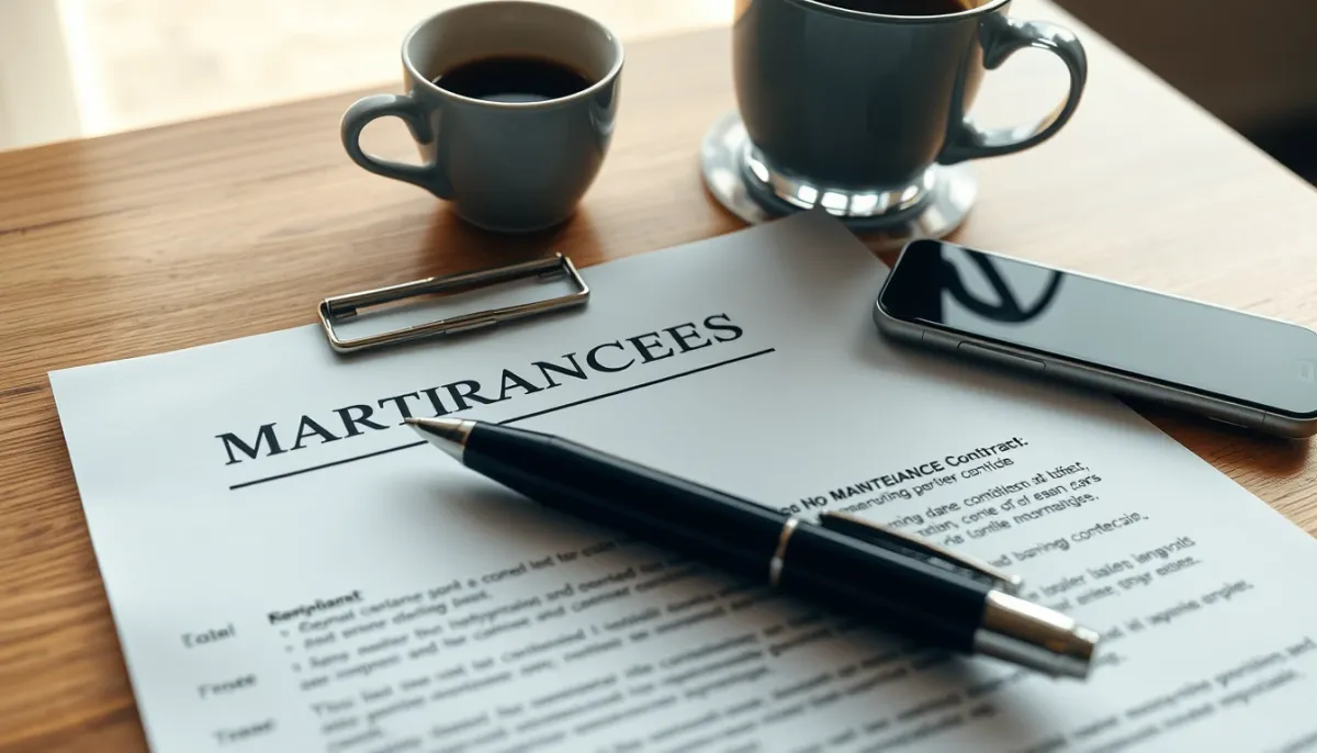 Contrat d'entretien de chaudière fioul signé sur un bureau avec stylo et café