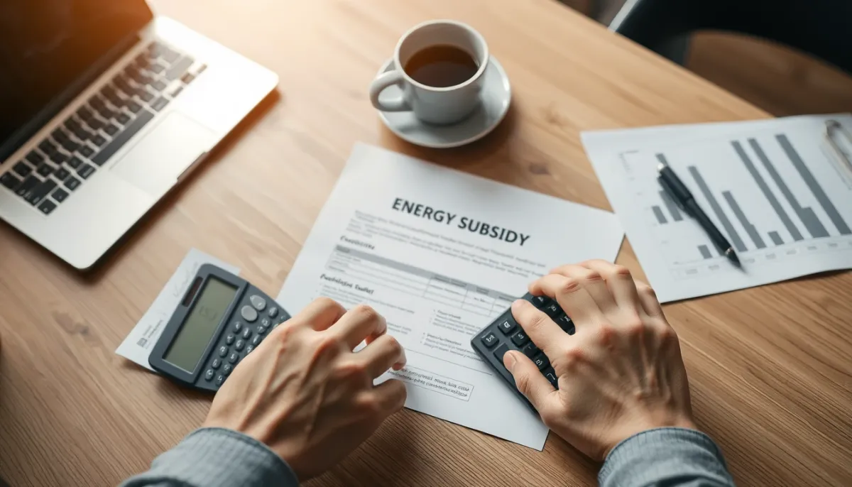 Mains examinant des documents d'aides financières et une calculatrice pour estimer le reste à charge d'une chaudière hybride
