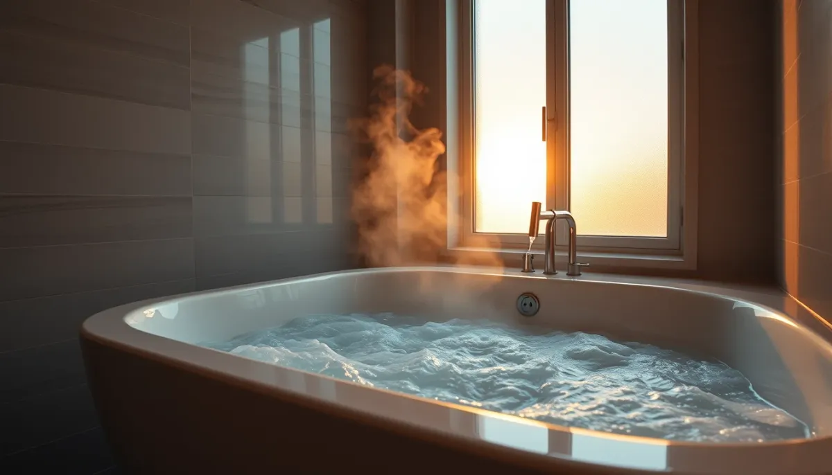 Salle de bain moderne avec baignoire qui se remplit d'eau chaude, illustrant le confort d'une chaudière avec ballon