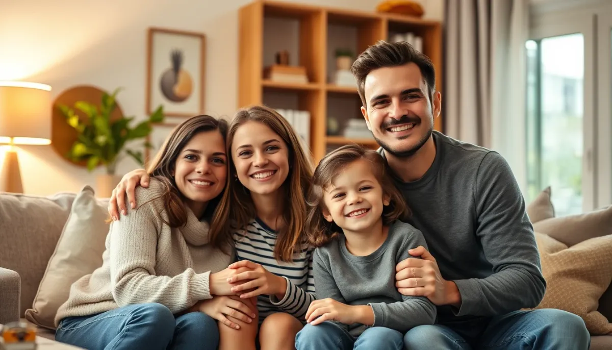 Famille de quatre personnes dans un salon confortable, illustrant les foyers pour qui la chaudière avec ballon est adaptée