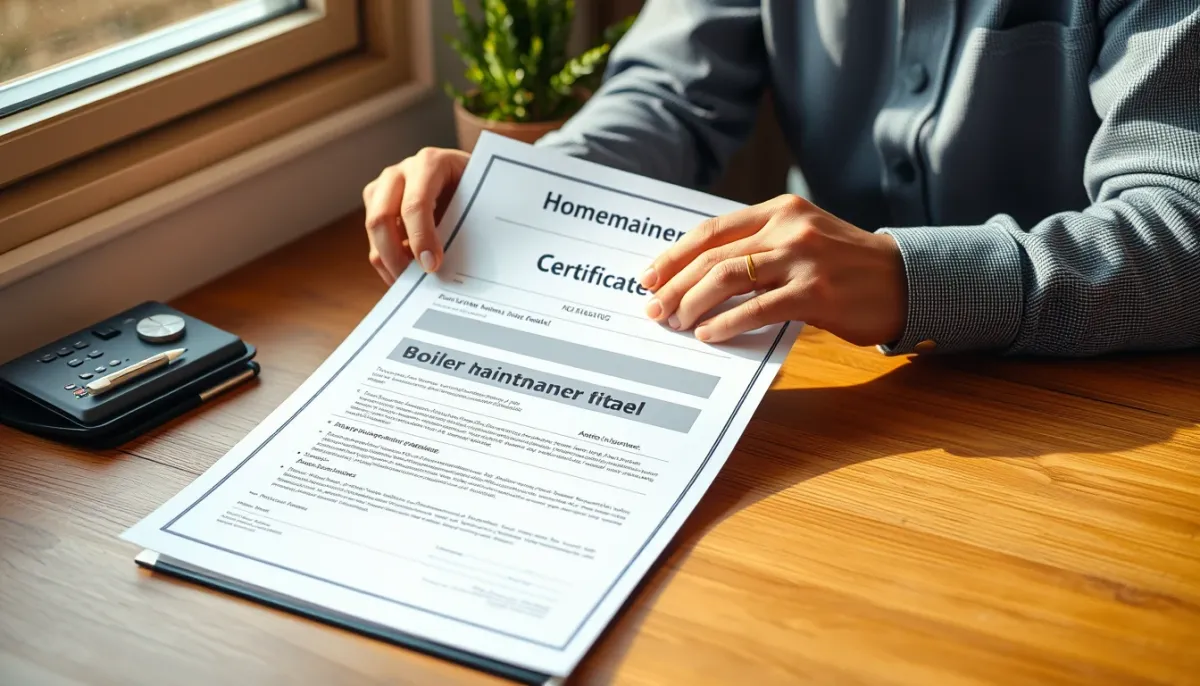 Attestation d'entretien de chaudière tenue à la main à côté d'un contrat d'assurance habitation, illustrant les risques sans justificatif