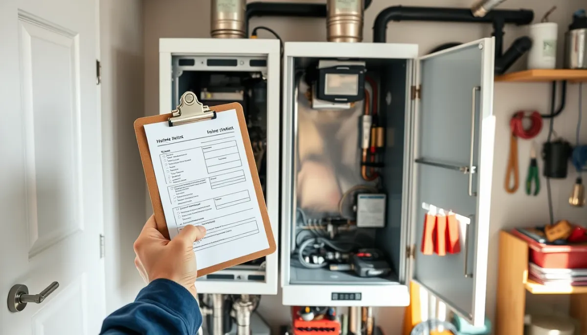 Technicien effectuant l'entretien annuel d'une chaudière avec checklist et pièces détachées
