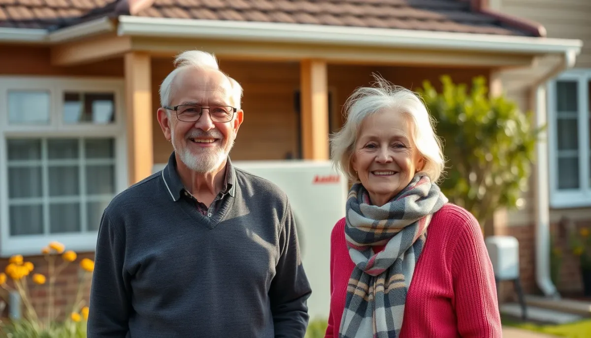 Couple de propriétaires devant leur maison équipée d'une pompe à chaleur air/eau haute température