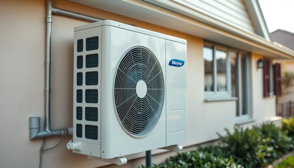 Pompe à chaleur air-eau installée à l'extérieur d'une maison, éligible aux primes CEE pour remplacer une chaudière gaz