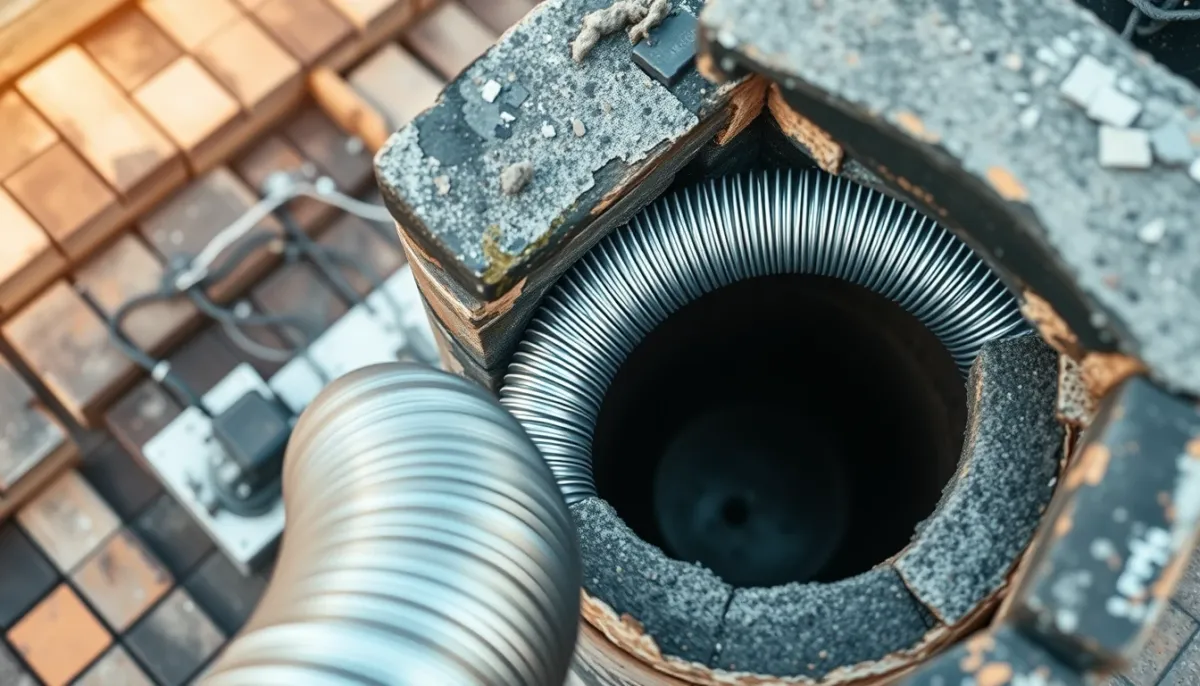 Tubage flexible en inox installé dans un conduit de cheminée maçonné existant