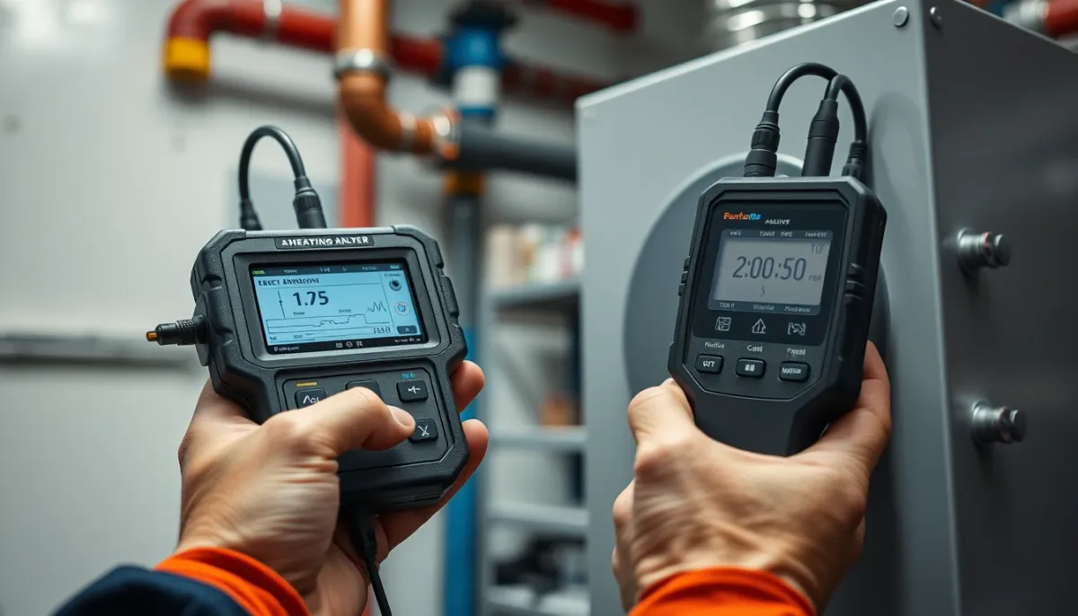 Technicien contrôlant l'évacuation des fumées d'une chaudière à condensation avec un analyseur de combustion