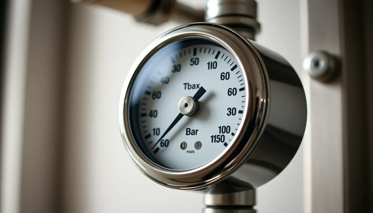 Gros plan sur le manomètre d'une chaudière indiquant une pression normale entre 1 et 1,5 bar