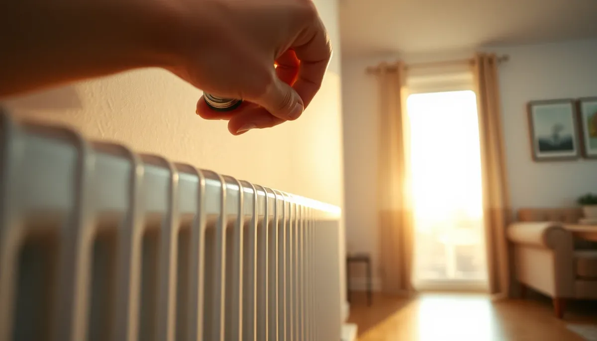 Main réglant le robinet d'un radiateur dans un salon lumineux