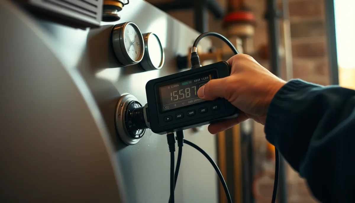 Technicien contrôlant la combustion d'une chaudière gaz avec un analyseur numérique