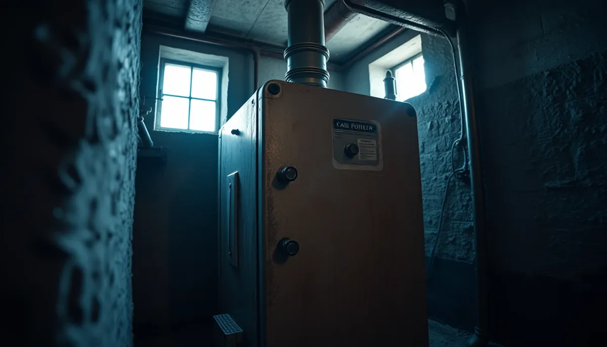 Ancienne chaudière gaz usée dans un sous-sol sombre illustrant les cas où un entretien pas cher n'est pas rentable
