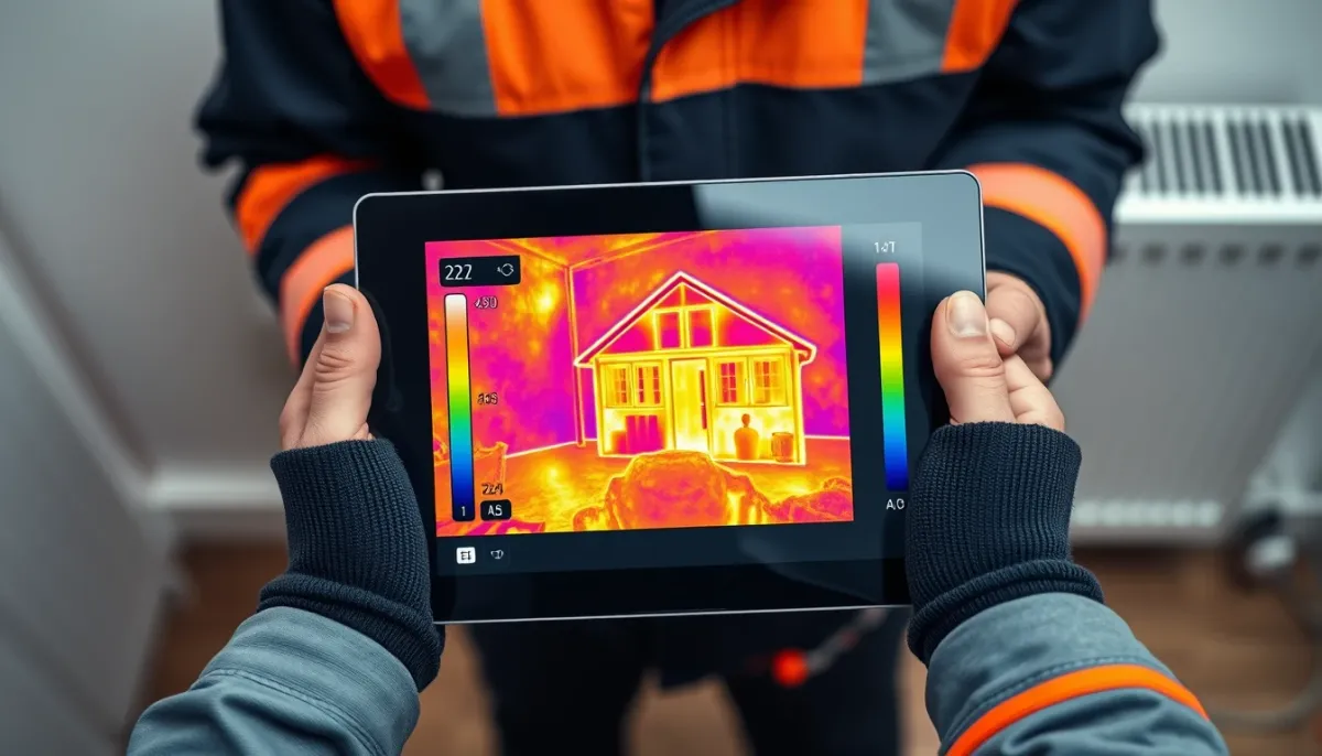Technicien réalisant un bilan thermique avec une caméra thermique