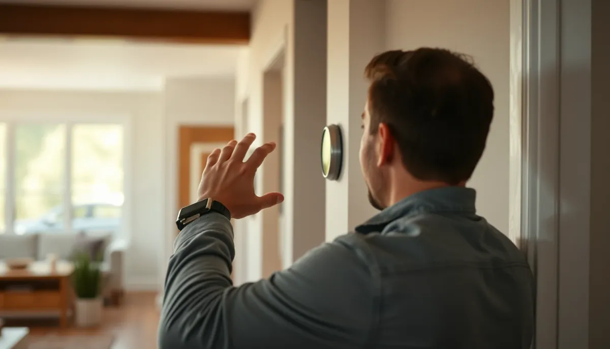 Propriétaire réglant un thermostat intelligent dans son couloir