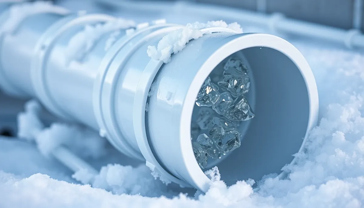 Gros plan sur un tuyau d'évacuation des condensats gelé avec des cristaux de glace à l'intérieur
