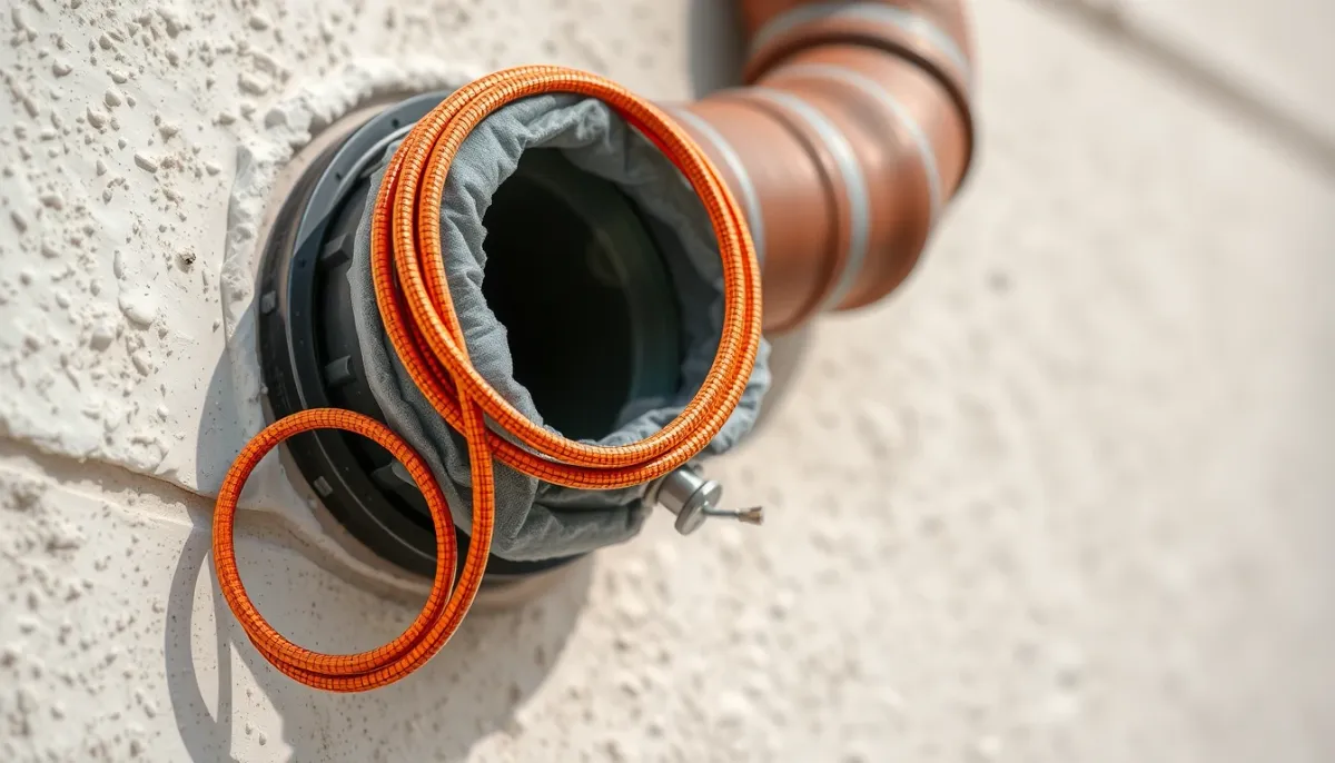 Tuyau d'évacuation des condensats isolé avec un câble chauffant autorégulant installé sur un mur extérieur