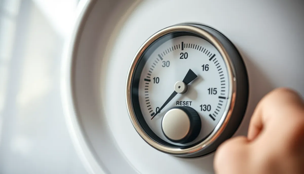 Gros plan sur le manomètre d'une chaudière indiquant une pression de 1,2 bar et sur la touche reset