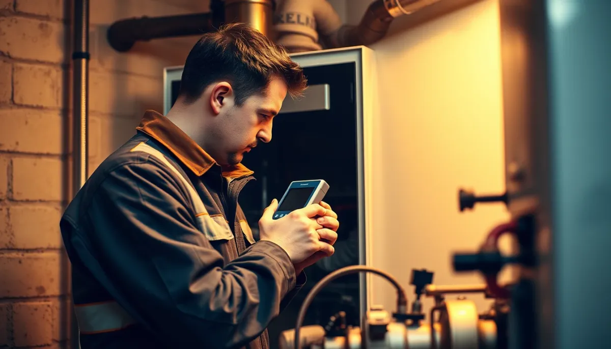 Chauffagiste qualifié effectuant un diagnostic sur une chaudière avec un analyseur de combustion